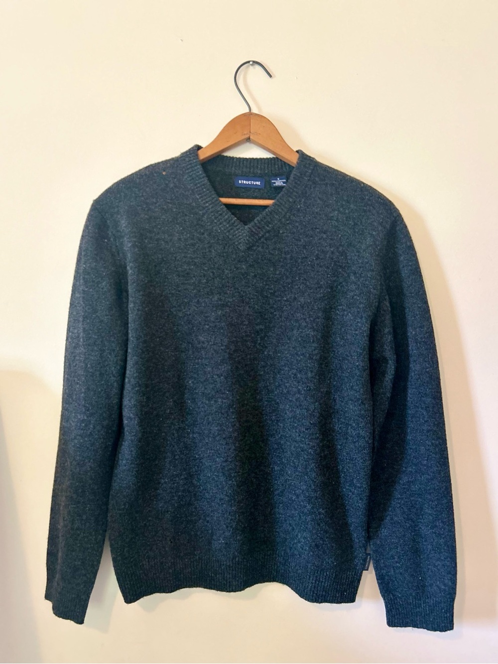 Structure Vintage 100% Lambswool V-Neck Sweater Grey Unisex Men S / Women M